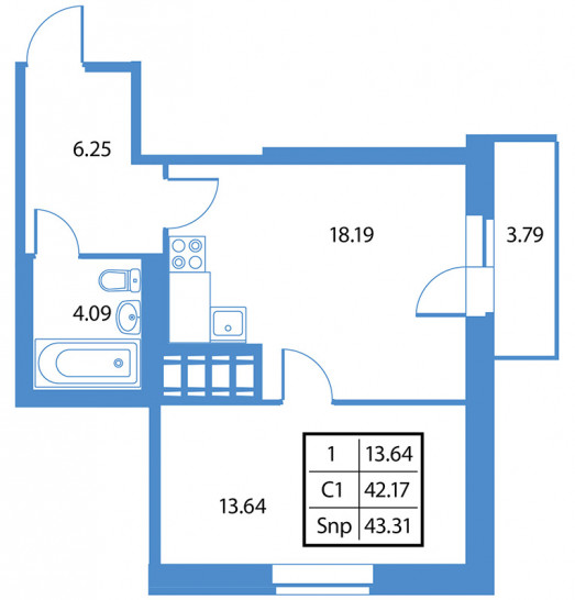 Однокомнатная квартира 43.31 м²