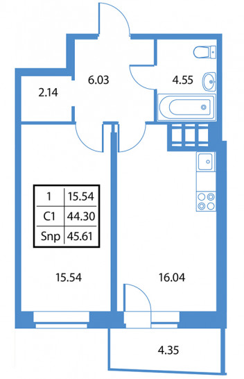Однокомнатная квартира 45.61 м²