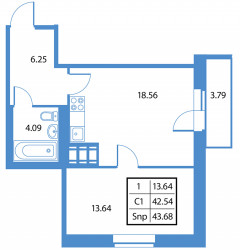 Однокомнатная квартира 43.68 м²