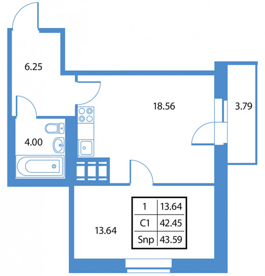 Однокомнатная квартира 43.59 м²