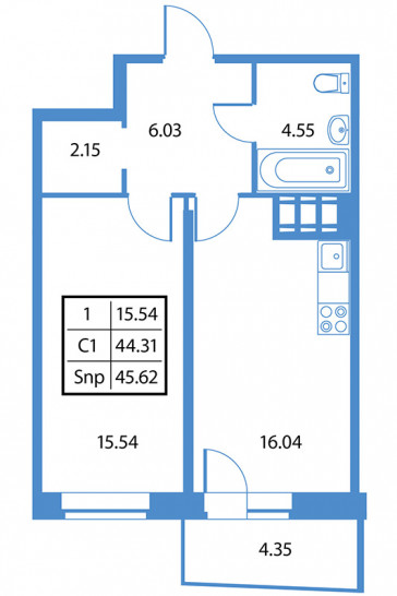 Однокомнатная квартира 46.58 м²
